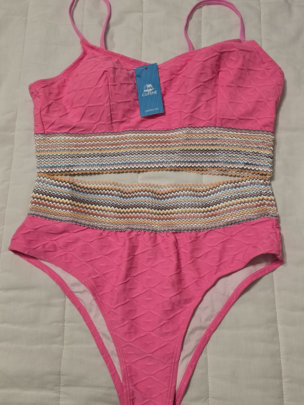 Cupshe Hot Pink Textured One-Piece with Multicolor Zigzag Waistband